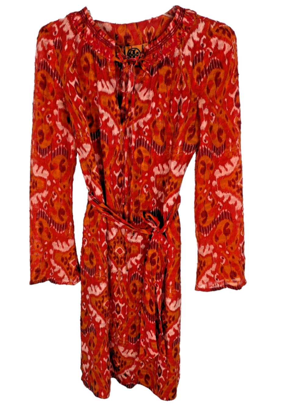 Tory Burch Sheer Silk Midi Dress Chiffon Sz 2 Dress Orange Ikat Resort Tropical
